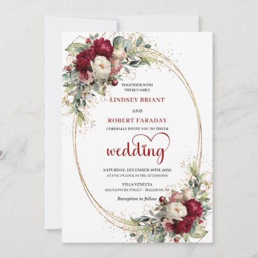 Burgundy Boho Botanical Floral Wedding Invite 招待状 (正面)