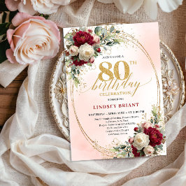 Burgundy Boho Chic Floral 80th Birthday Party  招待状