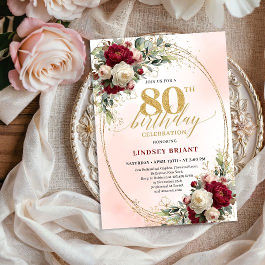 Burgundy Boho Chic Floral 80th Birthday Party  招待状