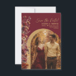 Burgundy Boho Chic Wildflowers Arch Photo Wedding セーブザデート<br><div class="desc">Let your friends and family know to save the date for your upcoming wedding with this beautiful card. Features a rustic boho chic design with country wildflowers and deep rich earthtone colors of burgundy and gold. Your photo is displayed in a beautiful arched frame and the title is written in...</div>