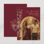Burgundy Boho Chic Wildflowers Arch Photo Wedding セーブザデート (正面/裏面)