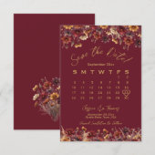 Burgundy Boho Chic Wildflowers Wedding Calendar セーブザデート (正面/裏面)