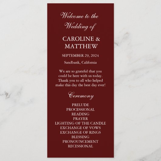 Burgundy Boho Dinner Modern Minimalistic Wedding  プログラム (正面)