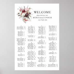 Burgundy Boho Floral Alphabetical Seating Chart ポスター