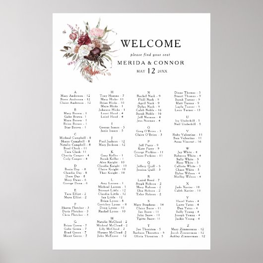 Burgundy Boho Floral Alphabetical Seating Chart ポスター (正面)
