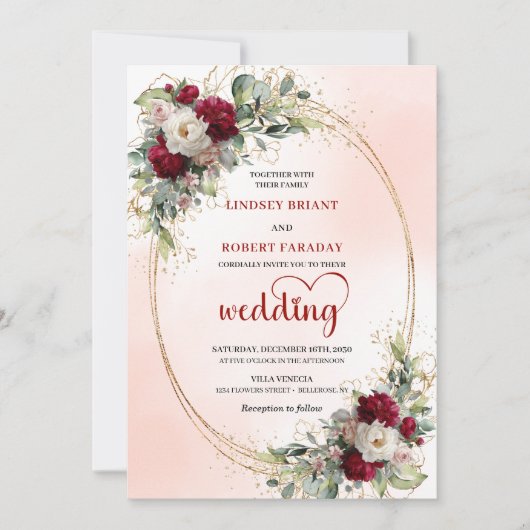 Burgundy Boho Floral Luxury Wedding Invitation 招待状 (正面)