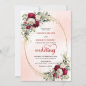 Burgundy Boho Floral Wedding Invitation Gold Frame 招待状 (正面)