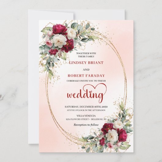 Burgundy Boho Floral Wedding Invitation Gold Frame 招待状 (正面)