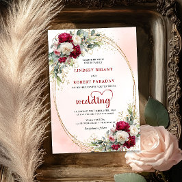 Burgundy Boho Floral Wedding Invitation Gold Frame 招待状