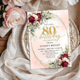 Burgundy Boho Garden Floral 80th Birthday Invite 招待状