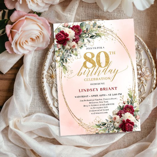 Burgundy Boho Garden Floral 80th Birthday Invite 招待状