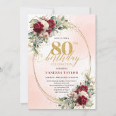 Burgundy Boho Garden Floral 80th Birthday Invite 招待状 (正面)