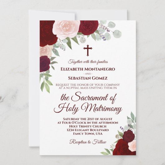 Burgundy Boho Roses Catholic QR Code Wedding 招待状 (正面)
