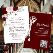 Burgundy Boho Roses Catholic QR Code Wedding 招待状