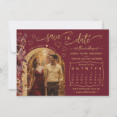 Burgundy Boho Wildflowers Photo & Calendar Wedding セーブザデート (正面)