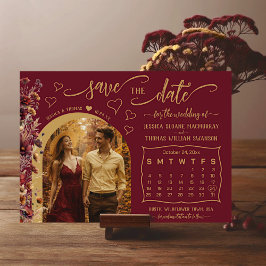 Burgundy Boho Wildflowers Photo & Calendar Wedding セーブザデート