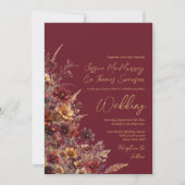 Burgundy Boho Wildflowers & Photo QR Code Wedding 招待状 (正面)