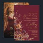Burgundy Boho Wildflowers & Photo QR Code Wedding 招待状<br><div class="desc">Invite your friends and family to share in your joy on your special day with this beautiful wedding invitation. The rustic boho chic design boasts elegant script handwriting-style typography in a modern right justified layout with sprays of bohemian wildflowers along the left. The beautiful deep burgundy colored background with flowers...</div>