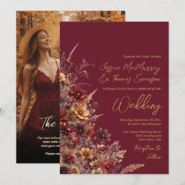 Burgundy Boho Wildflowers & Photo QR Code Wedding 招待状