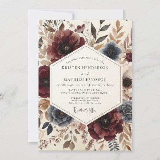 Burgundy Botanical Autumn Wedding 招待状 (正面)