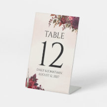Burgundy Botanical Autumn Wedding Table Number