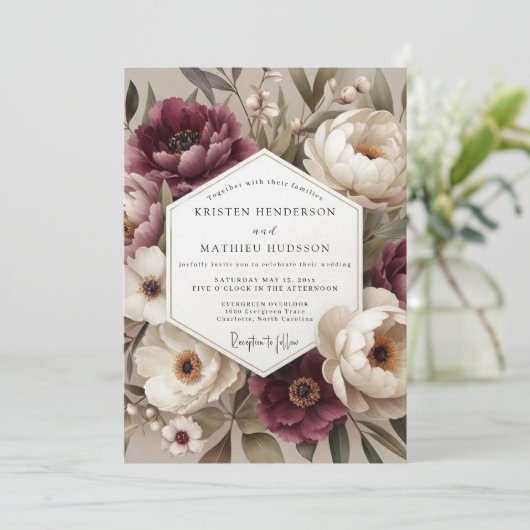 Burgundy Botanical Bloom Wedding 招待状 (スタンド正面)