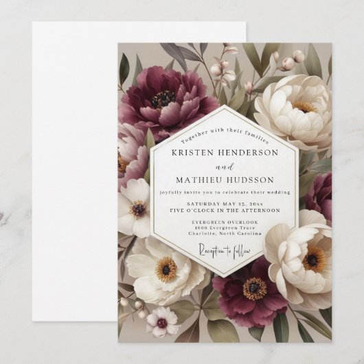 Burgundy Botanical Bloom Wedding 招待状 (正面/裏面)