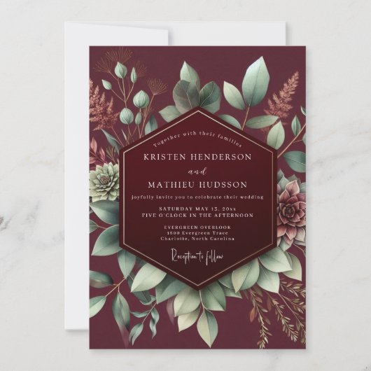 Burgundy Botanical Bloom Wedding 招待状 (正面)