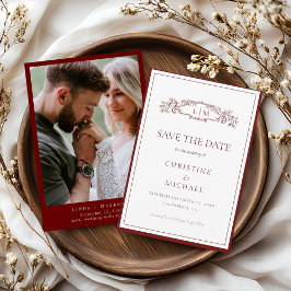 Burgundy botanical crest monogram wedding セーブザデート