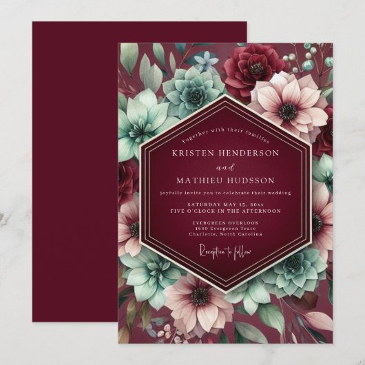 Burgundy Botanical Dream Wedding 招待状 (正面/裏面)