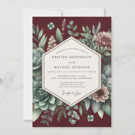 Burgundy Botanical Elegance Wedding 招待状 (正面)