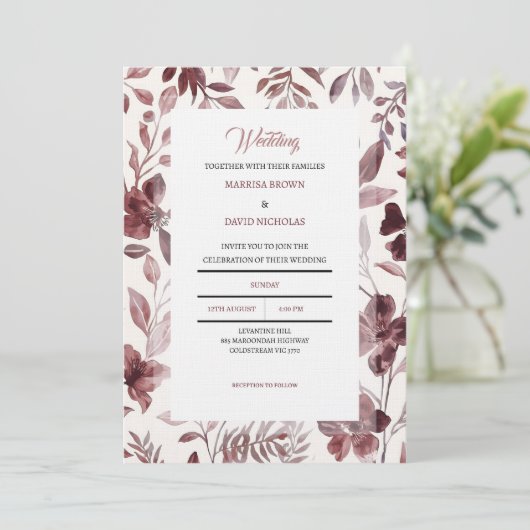 Burgundy Botanical Elegance Wedding Invitation 招待状 (スタンド正面)