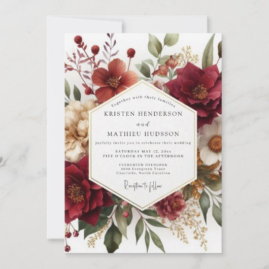 Burgundy Botanical Romance Wedding 招待状 (正面)