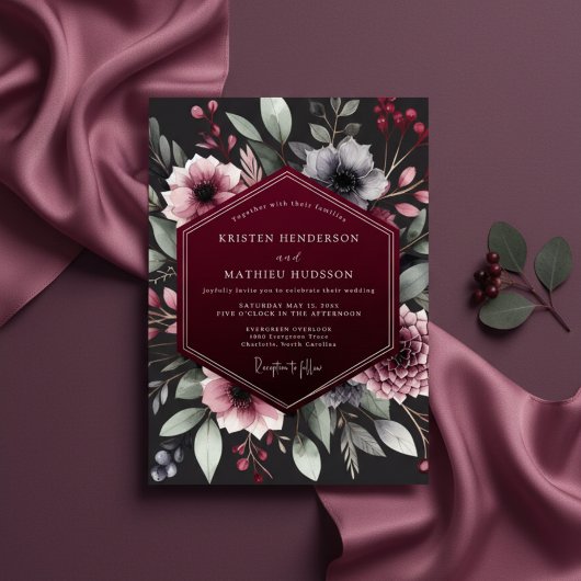 Burgundy Botanical Romance Wedding 招待状