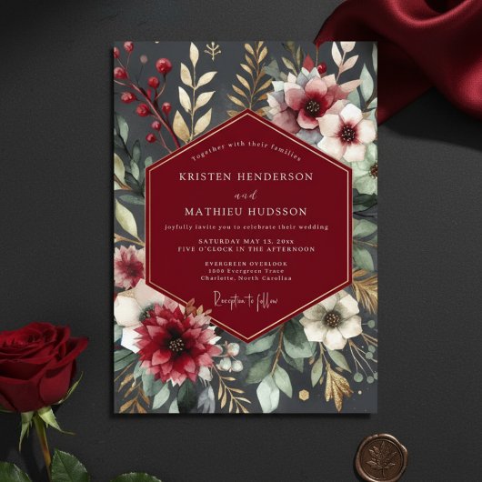 Burgundy Botanical Romantic Wedding 招待状