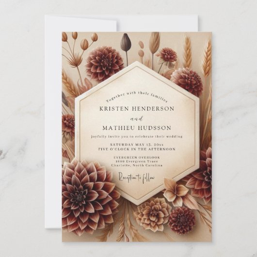 Burgundy Botanical Rustic Wedding 招待状 (正面)