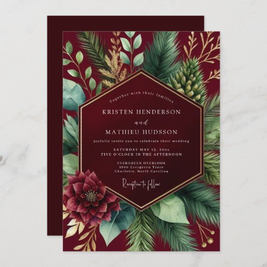 Burgundy Botanical Winter Wedding 招待状 (正面/裏面)