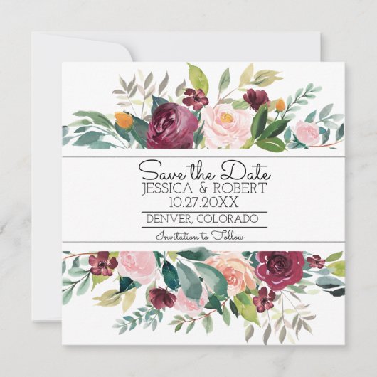 Burgundy Bouquet Save the Date Card セーブザデート (正面)