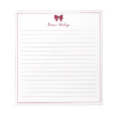 Burgundy Bow Border Custom Name Lined ノートパッド (正面)