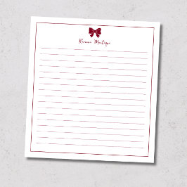 Burgundy Bow Border Custom Name Lined ノートパッド