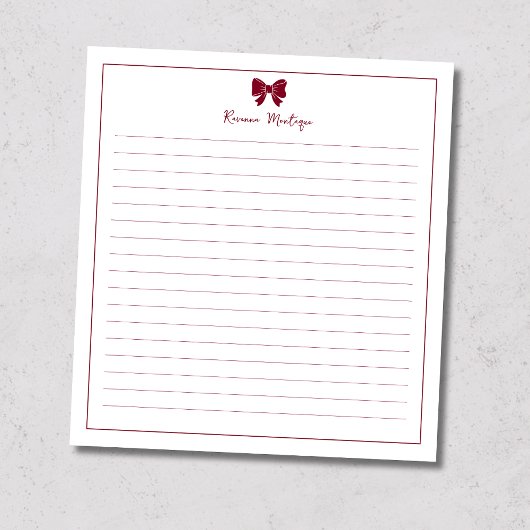 Burgundy Bow Border Custom Name Lined ノートパッド