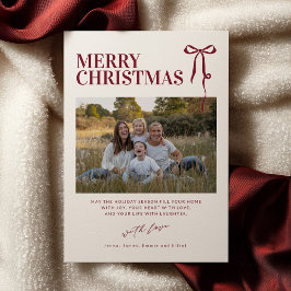 Burgundy Bow Christmas Card with Photo 招待状