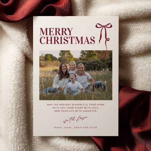 Burgundy Bow Christmas Card with Photo 招待状