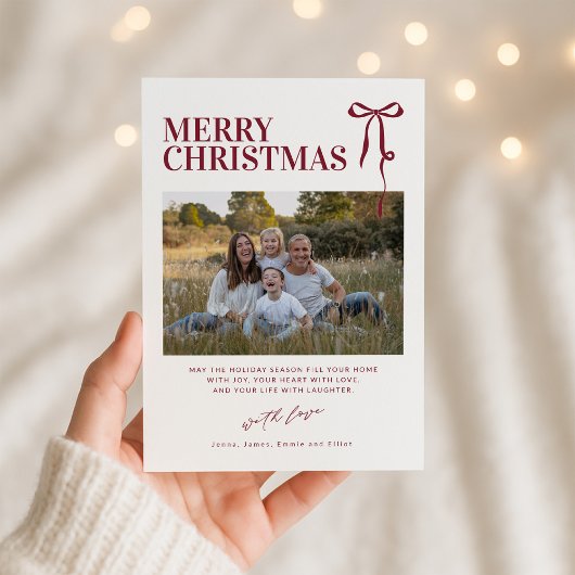 Burgundy Bow Christmas Card with Photo 招待状