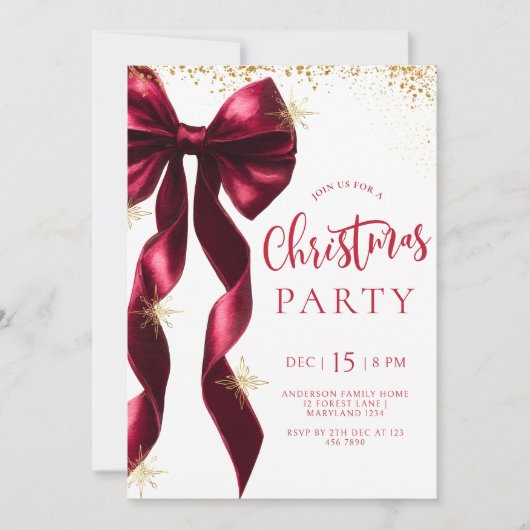 Burgundy Bow Christmas Party Invitation 招待状 (正面)