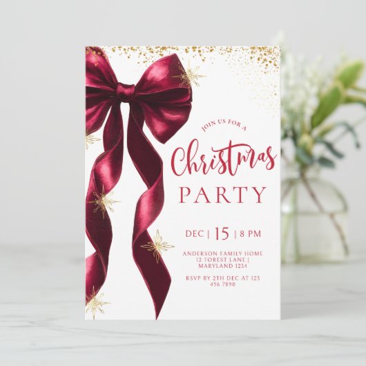Burgundy Bow Christmas Party Invitation 招待状 (スタンド正面)