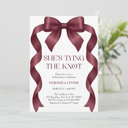 Burgundy Bow She’s Tying the Knot Bridal Shower  招待状 (スタンド正面)