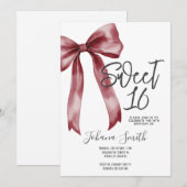 Burgundy Bow Sweet Sixteen Girl Birthday Party 招待状 (正面/裏面)
