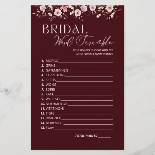 Burgundy Bridal Word Scramble Game With Answer Key (正面)