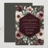 Burgundy Brocade Floral Wedding 招待状 (正面/裏面)